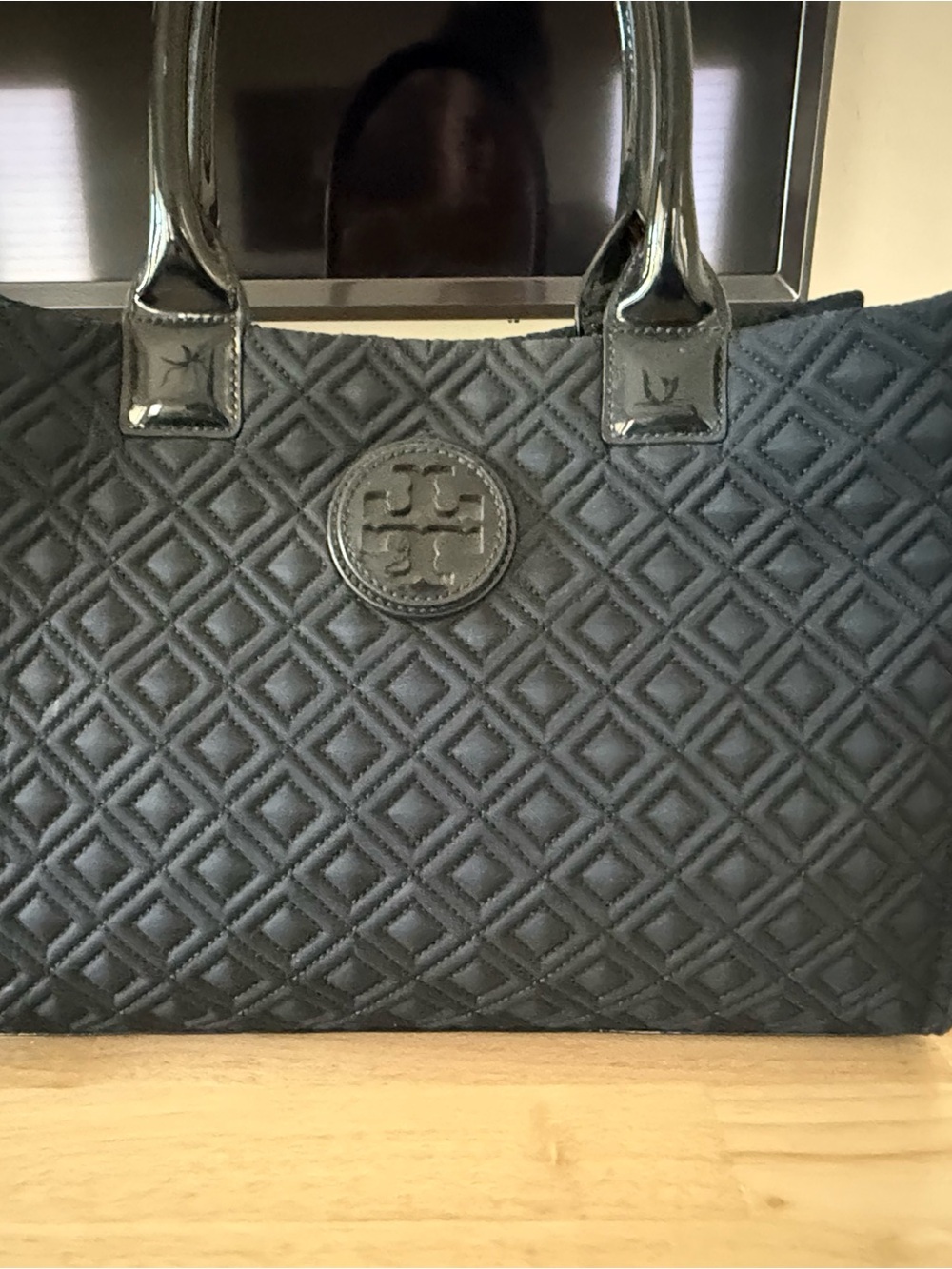 Tory Burch Black Quilted Diamond Tote with Logo Medallion